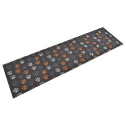 Tapis de cuisine lavable imprim&eacute; pattes 150 x 45 cm doux antid&eacute;rapant ambiance cosy en velours gris