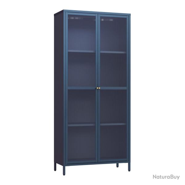 Armoire �tag�re meuble de rangement vitr�e acier verre 180 x 80 x 35 cm bleu marine 03_0008935