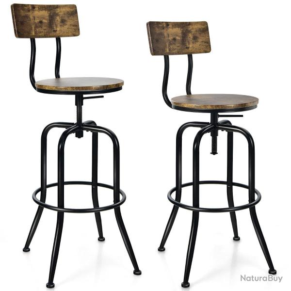 Lot de 2 tabourets de bar r�glables hauteur 69 � 76 cm avec dossier ergonomique style industriel en