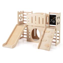 Aire de jeux 8 en 1 int&eacute;rieur 142 x 124,5 x 100 cm avec toboggan s&eacute;curis&eacute; et tunnel ludique en bois