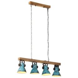 Plafonnier industriel &agrave; 4 abat-jour 90 x 24 x 111 cm ambiance cosy finition bleue d&eacute;lav&eacute;e en bois d