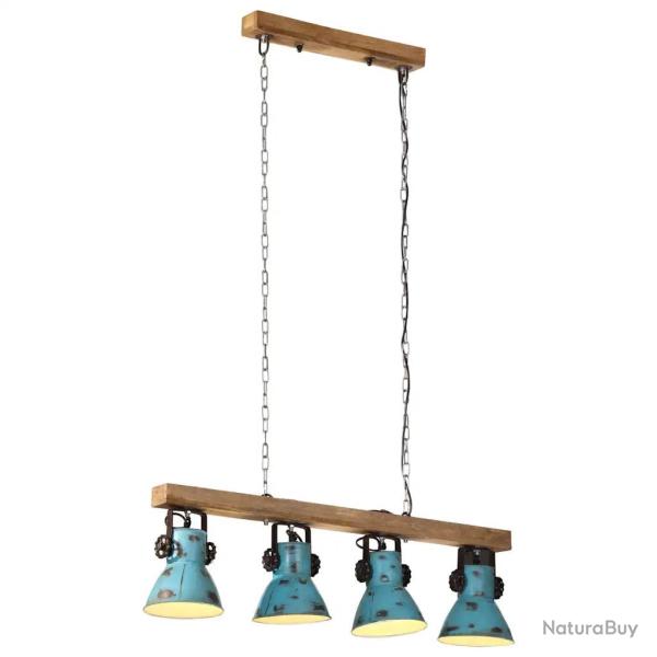 Plafonnier industriel � 4 abat-jour 90 x 24 x 111 cm ambiance cosy finition bleue d�lav�e en bois d
