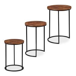 Lot de 3 tables gigognes rondes design industriel salon chambre 57,5 x 41 cm en bois de mangue noir