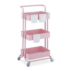 Desserte &agrave; roulettes pratique 3 niveaux id&eacute;ale cuisine salle de bain 76 x 34 x 80 cm en m&eacute;tal rose