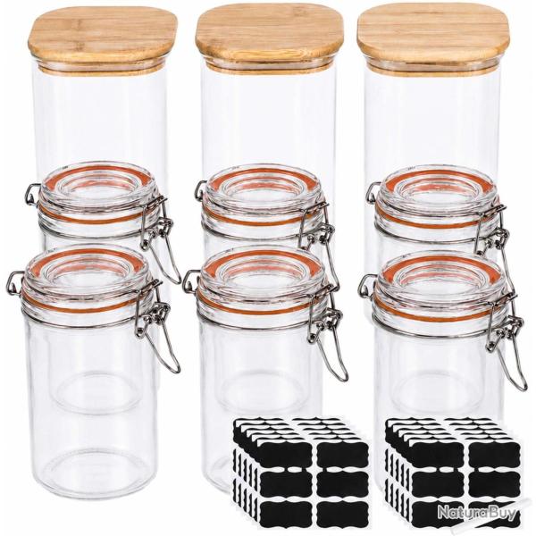 Lot de 9 bocaux herm�tiques de cuisine 20,5 x 10 x 10 cm et 15 x 12 x 8 cm usage conservation et pr