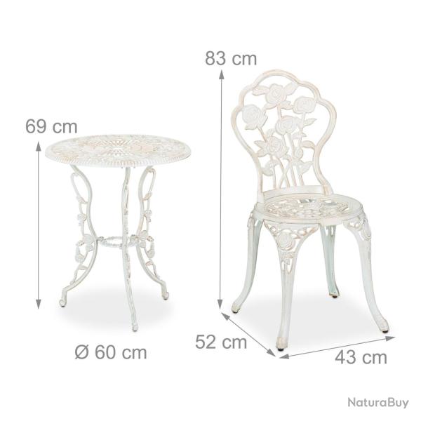 Lot de 1 table et 2 chaises de jardin design romantique pour ext�rieur 69 x 60 cm en fonte d'alumin