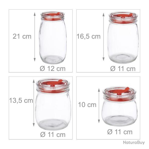 Lot de 4 bocaux en verre pour conservation aliments 15 x 15 x 25 cm avec couvercle herm�tique desig
