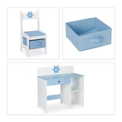 Lot de 2 bureau enfants et chaise motif maritime confortable en bois bleu 13_0012328