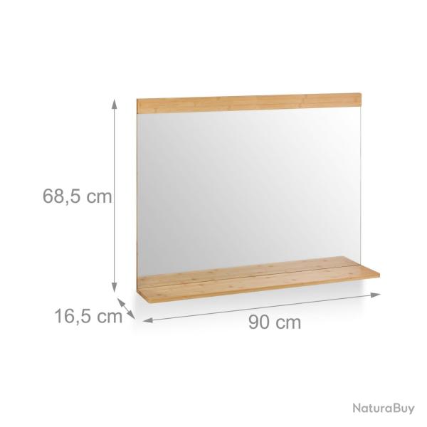 Miroir mural moderne avec surface de rangement 80 x 60 cm fonction pratique style naturel en bambou
