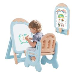 Chevalet d'art avec chaise r&eacute;glable 53 x 42 x 73-86 cm pour dessin pratique et cr&eacute;atif en HDPE bleu