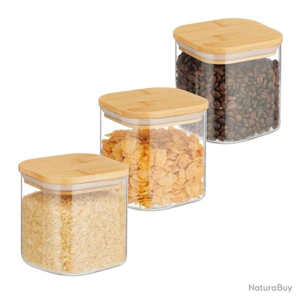 Lot de 3 bocaux carr�s de conservation cuisine 12 x 12 x 15 cm �tanches design naturel en verre tra