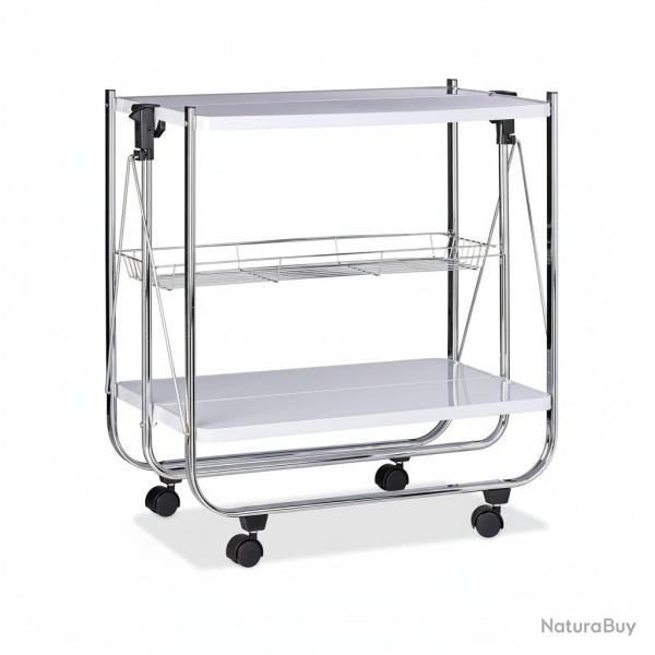 Desserte � roulettes pliante chariot de cuisine 2 �tages m�tal blanc 13_0000890