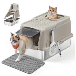 Bac &agrave; liti&egrave;re pour chat en acier inoxydable avec couvercle basculant grande taille design &eacute;tanche p