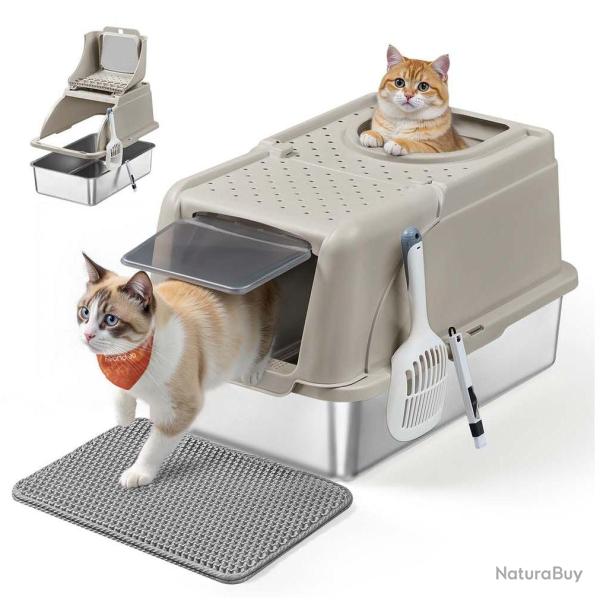 Bac � liti�re pour chat en acier inoxydable avec couvercle basculant grande taille design �tanche p