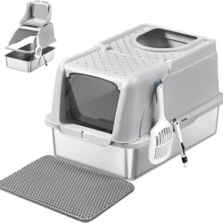 Bac &agrave; liti&egrave;re design &eacute;tanche grande taille 61 x 40 x 36,5 cm pour chats jusqu'&agrave; 15 kg en acier inox
