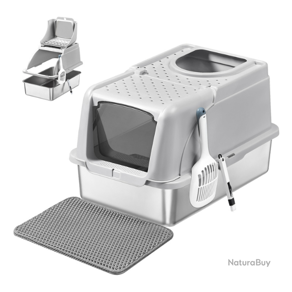 Bac � liti�re design �tanche grande taille 61 x 40 x 36,5 cm pour chats jusqu'� 15 kg en acier inox