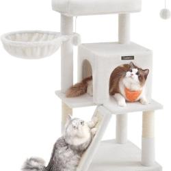 Arbre &agrave; chat avec planche &agrave; gratter 48 x 48 x 96 cm design moderne confort et jeu en agglom&eacute;r&eacute; blan