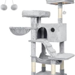 Arbre &agrave; chat tour de jeux grand avec niche et hamac 49 x 49 x 135 cm en panneau d'agglom&eacute;r&eacute; gris bl