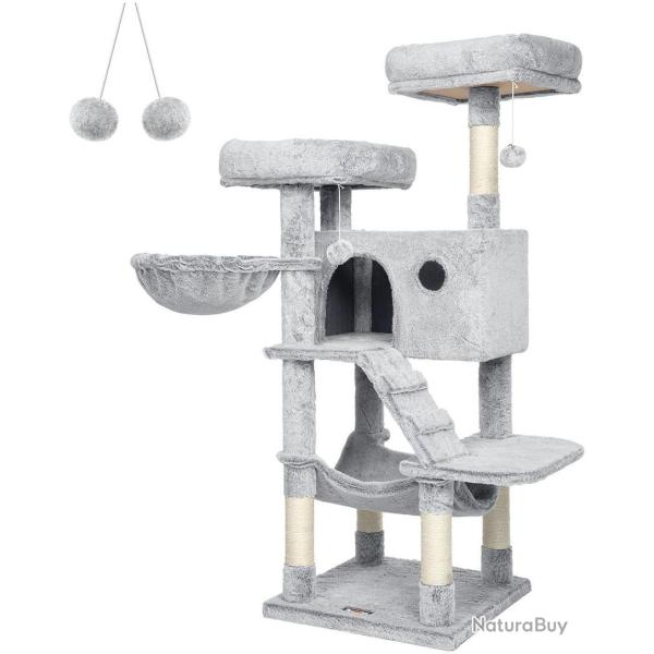 Arbre � chat tour de jeux grand avec niche et hamac 49 x 49 x 135 cm en panneau d'agglom�r� gris bl