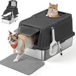 Bac &agrave; liti&egrave;re pour chat grande taille double entr&eacute;e 61 x 41 x 36,5 cm design &eacute;tanche en acier inoxy