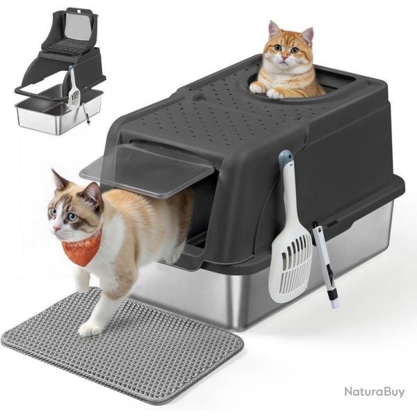 Bac � liti�re pour chat grande taille double entr�e 61 x 41 x 36,5 cm design �tanche en acier inoxy