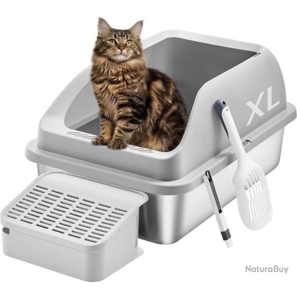 Bac � liti�re pour chat avec bords hauts et dessus ouvert 62 x 42 x 30 cm en acier inoxydable gris