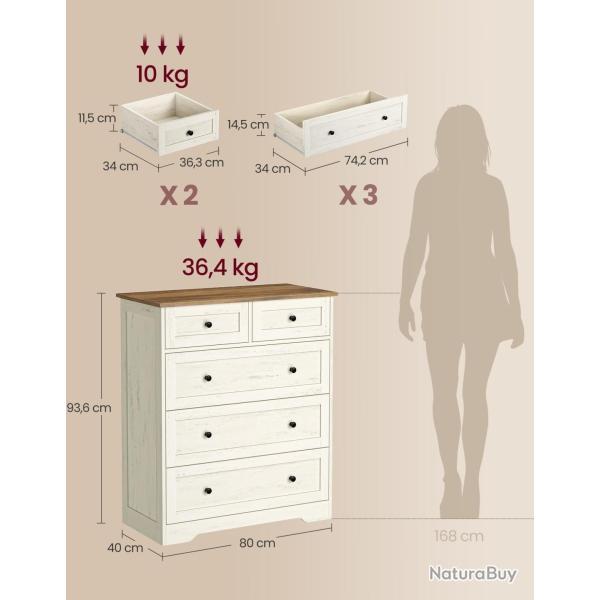 Commode de rangement � tiroirs style cottage 40 x 80 x 93,6 cm ambiance cosy en agglom�r� blanc rus