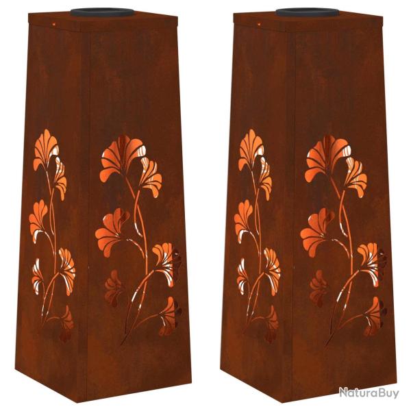 Lot de 2 lampes de chemin solaire autoportantes design moderne jardin 18 x 18 x 50 cm en acier roui