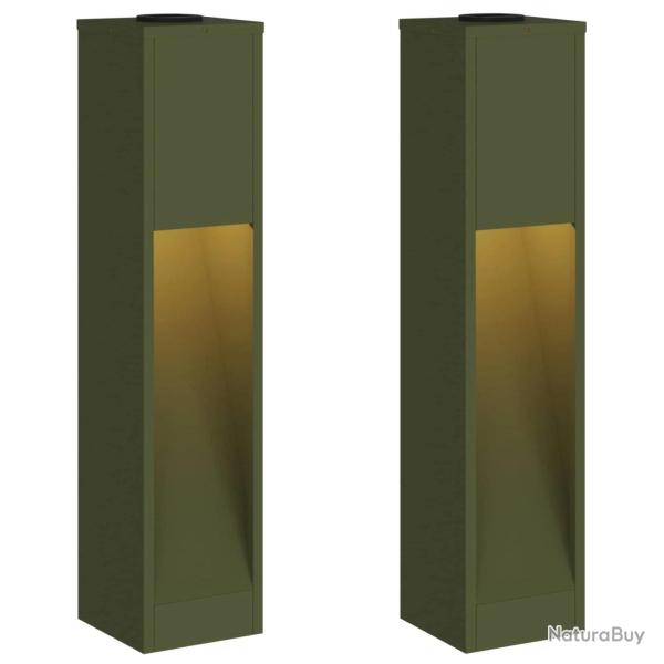 Lot de 2 lampes de chemin solaires modernes autoportantes 18 x 18 x 80 cm en acier vert olive 02_00