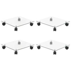 Lot de 4 supports roulants &agrave; plantes carr&eacute;s design intemporel 35 x 35 cm en verre tremp&eacute; transparen