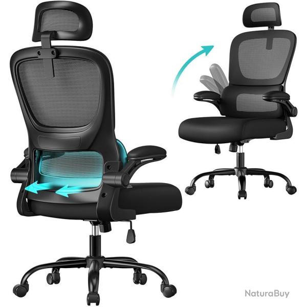 Chaise de bureau ergonomique r�glable avec accoudoirs rabattables 64 x 71,5 x 135 cm en tissu polye