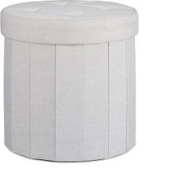 Tabouret avec rangement pouf rond pliant pliable rembourr&eacute; couvercle repose-pieds cr&egrave;me 13_0002759