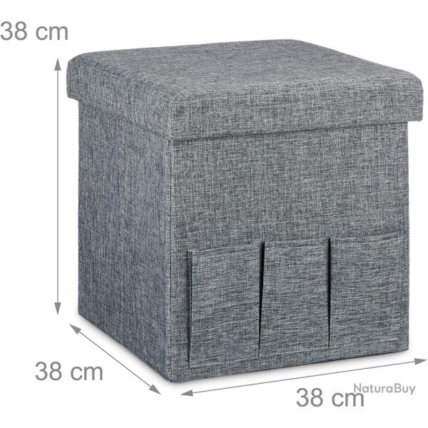 Tabouret coffre de rangement pliant en lin gris 13_0002781