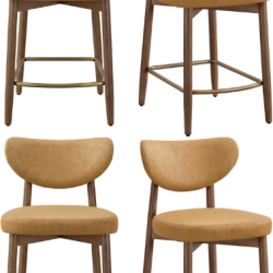 Lot de 2 tabourets de bar ergonomiques avec dossier 50 x 51,5 x 95,5 cm en bois d'h&eacute;v&eacute;a marron cara