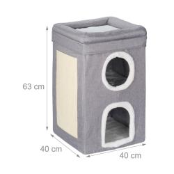 Niche pour chat 3 niveaux avec surface &agrave; gratter confort et observation en tissu gris 13_0016041