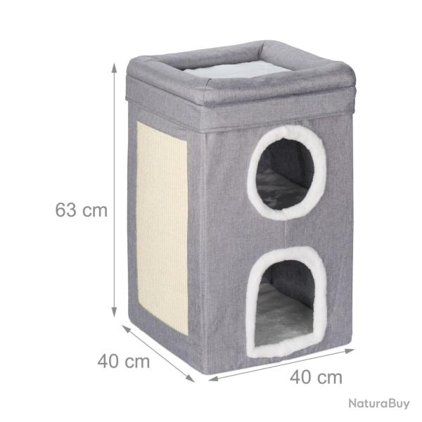 Niche pour chat 3 niveaux avec surface � gratter confort et observation en tissu gris 13_0016041