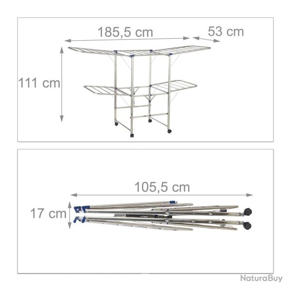 Lot de 1 �tendoir � linge mobile 2 niveaux compacte 75 x 75 x 165 cm en m�tal blanc 13_0004158