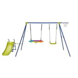 Portique de balan&ccedil;oire 4 en 1 ext&eacute;rieur 350 x 151 x 171 cm pour 4 enfants ambiance joyeuse en m&eacute;tal