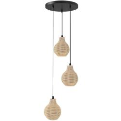 Suspension boho en rotin &agrave; 3 lumi&egrave;res diam&egrave;tre 30 cm hauteur r&eacute;glable ambiance cosy et chaleureuse