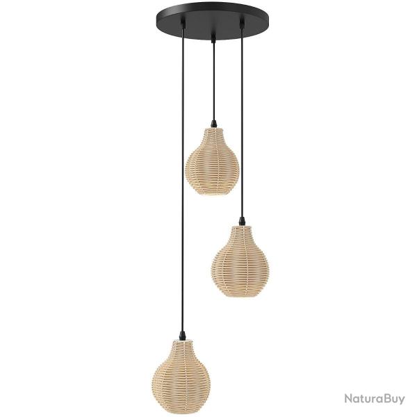 Suspension boho en rotin � 3 lumi�res diam�tre 30 cm hauteur r�glable ambiance cosy et chaleureuse