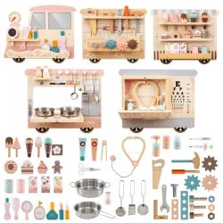 Tableau d'activit&eacute;s mural en forme de train 198 x 32 x 6,5 cm 5 fonctions ambiance ludique en MDF m