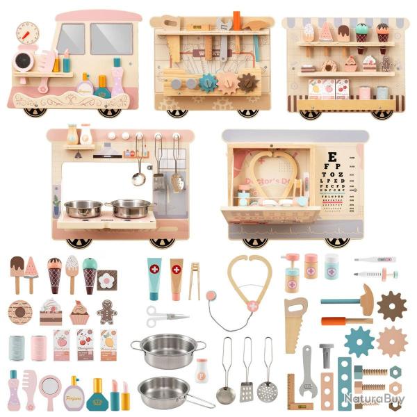 Tableau d'activit�s mural en forme de train 198 x 32 x 6,5 cm 5 fonctions ambiance ludique en MDF m