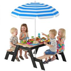 Table de pique-nique enfants ext&eacute;rieure avec parasol et rangements cach&eacute;s 95 x 50 x 50 cm scandinav