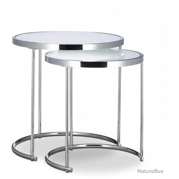 Lot de 2 tables d'appoint rondes modernes 51 x 50 x 50 cm et 46 x 42 x 42 cm en acier chrom� blanc
