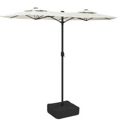 Parasol de jardin &agrave; double t&ecirc;te 316 x 145 cm protection UV m&eacute;canique pratique en acier blanc sable
