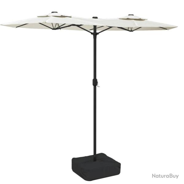 Parasol de jardin � double t�te 316 x 145 cm protection UV m�canique pratique en acier blanc sable