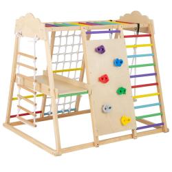 Gymnase int&eacute;rieur 8-en-1 spacieux 140 x 110 x 126 cm avec toboggan et barres &agrave; singe en bois multic