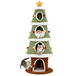 Arbre de No&euml;l pour chats tour &agrave; chat 60 x 60 x 154 cm avec 4 condos stables ambiance cosy en peluch