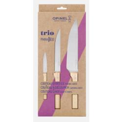 Coffret Opinel Trio Parall&egrave;le Couteaux Office, Crant&eacute; et Chef Manche h&ecirc;tre