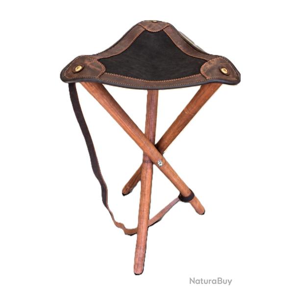 Tabouret de chasse pliant 3 pieds Assise cuir Hauteur 70 cm